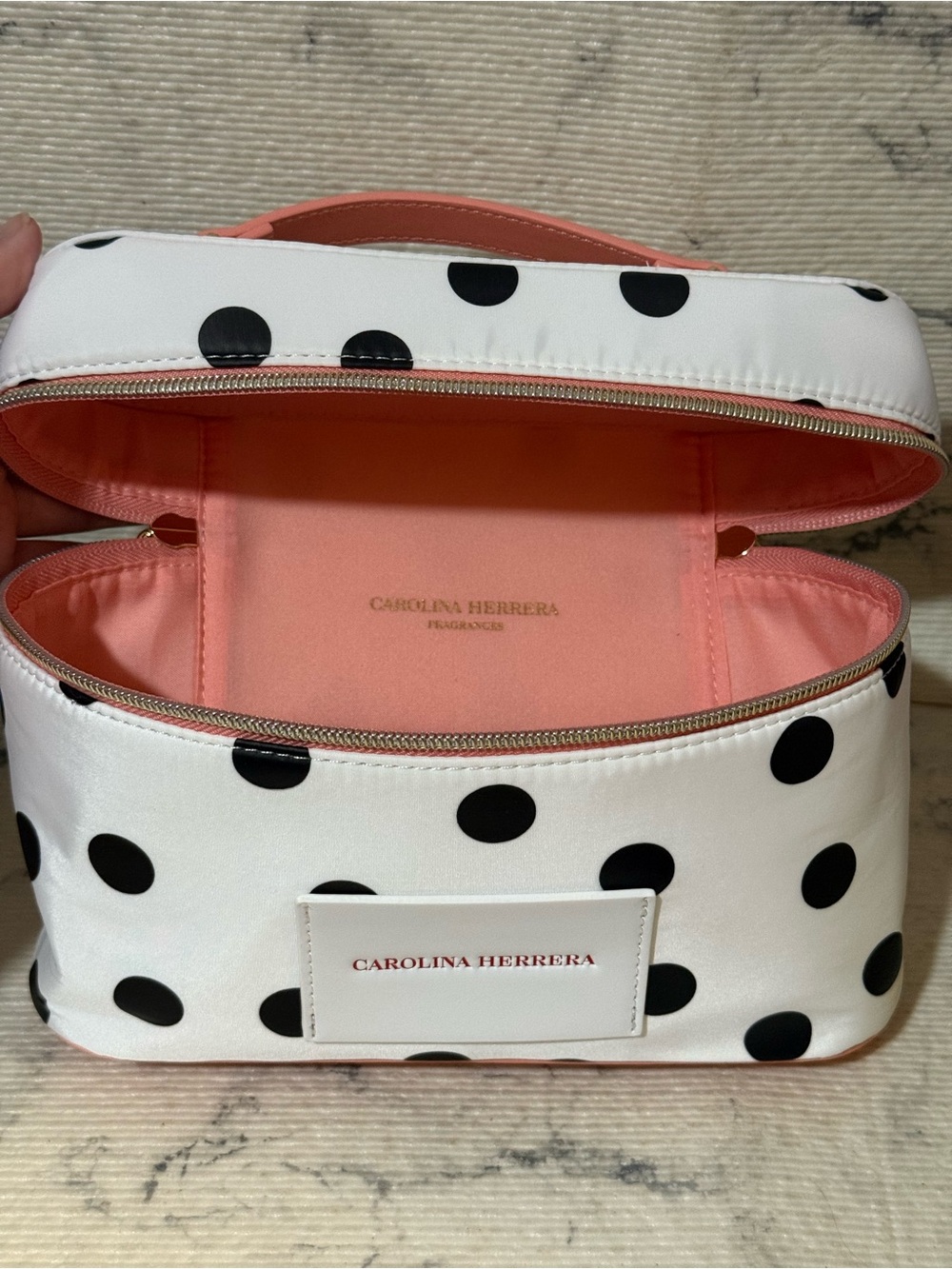 Carolina Herrera Beauty White Polka Dot Cosmetic Case with Pink Top Handle - Picture 11 of 16